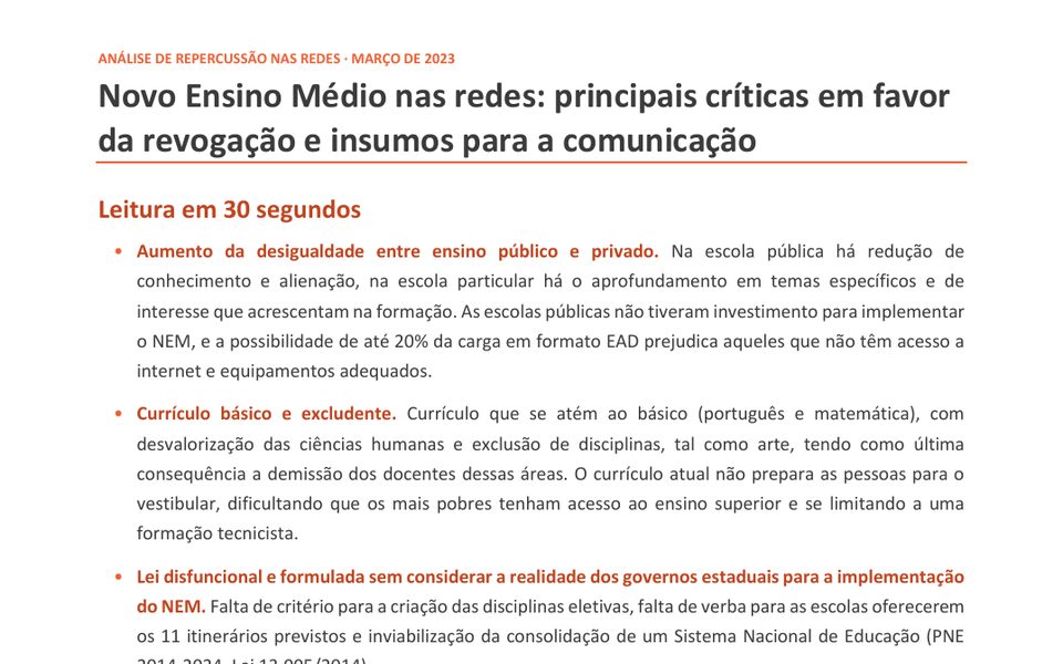 Primeira página do relatório sobre o Novo Ensino Médio nas redes